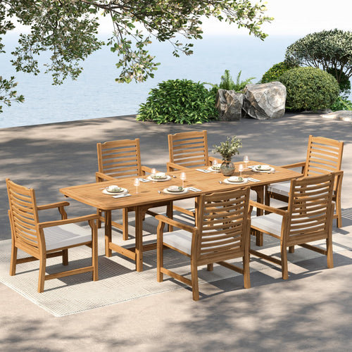 Expandable Acacia Wood Outdoor Dining Set with Cushioned Chairs