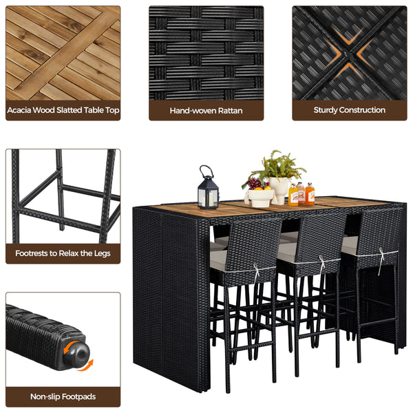 7-Piece Outdoor Wicker Bar Set with Acacia Wood Table