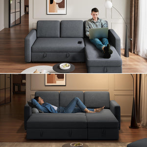 L-Shaped Sleeper Sectional Sofa with Pull-Out Bed, Storage & USB Charging