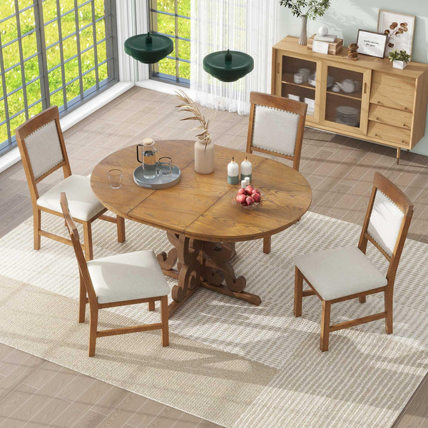 Extendable Round Dining Table Set for 4-6 with Upholstered Chairs