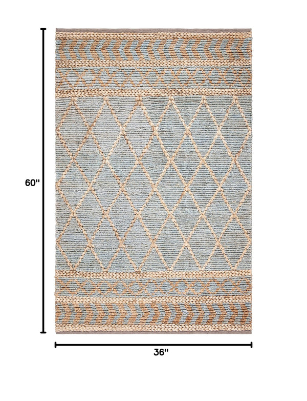 Hand-Woven Jute Area Rug – Natural & Blue Boho Moroccan Trellis