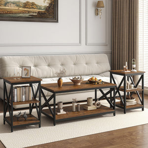 Industrial X-Design Coffee Table Set of 3 with Storage