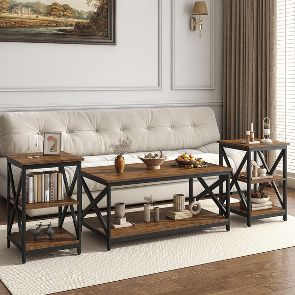 Industrial X-Design Coffee Table Set of 3 with Storage