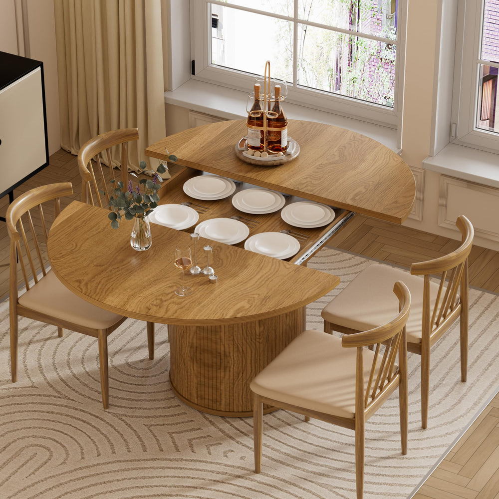 Extendable Round Dining Table 43.3"-59" with Wood Strip Base