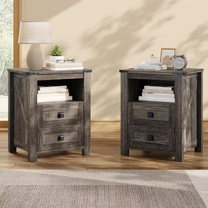 Farmhouse Nightstand Set of 2 with Drawer & Open Shelf