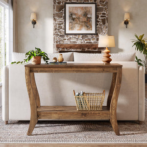 Solid Wood Farmhouse Console Table with 2-Tier Shelf