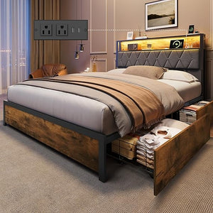 Platform Bed Frame with Storage Drawers & LED Lights