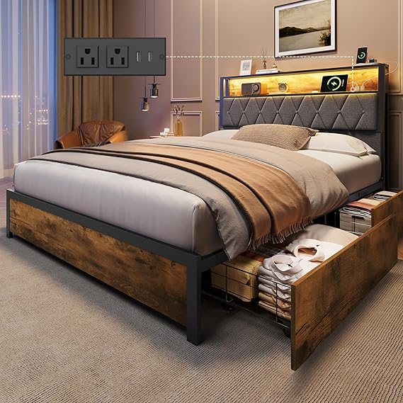 Platform Bed Frame with Storage Drawers & LED Lights