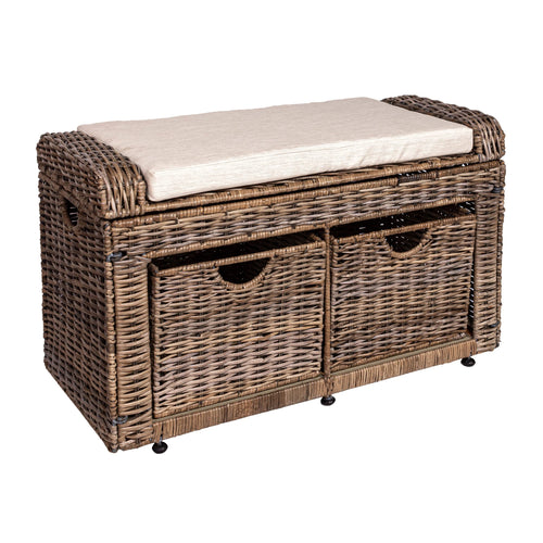 Wicker Storage Bench with Baskets – Grey