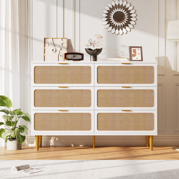 Rattan 6-Drawer Dresser – Boho Farmhouse Chest of Drawers