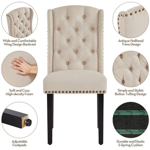Button-Tufted Upholstered Dining Chairs with Solid Wood Legs – Beige