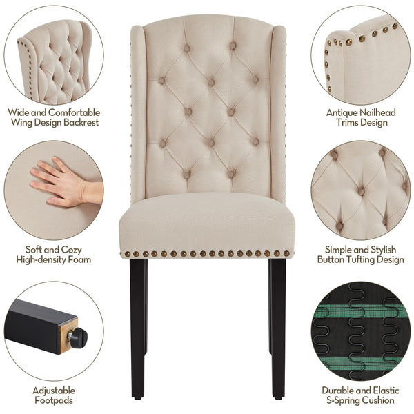Button-Tufted Upholstered Dining Chairs with Solid Wood Legs – Beige