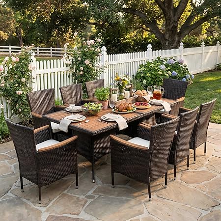 Rattan Patio Dining Set with Acacia Wood Tabletop