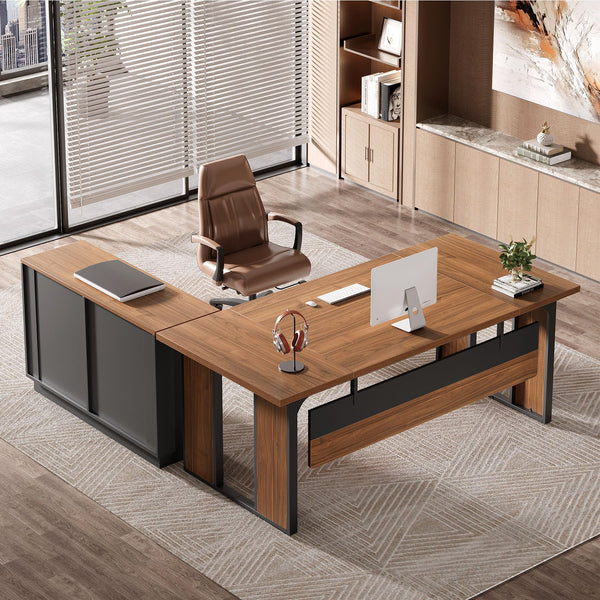 L-Shaped Executive Desk with File Cabinet and Storage Shelves