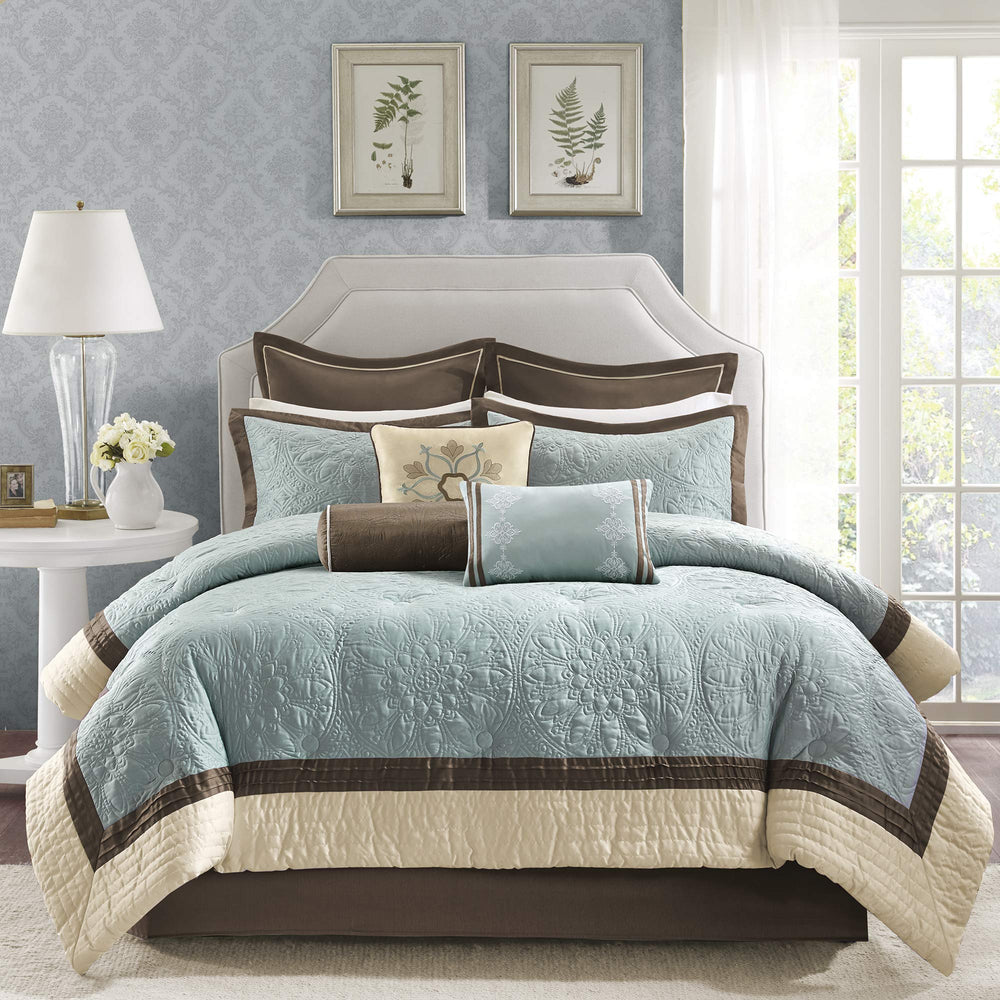 Blue Medallion Quilted Comforter Set with Bed Skirt & Decorative Pillows