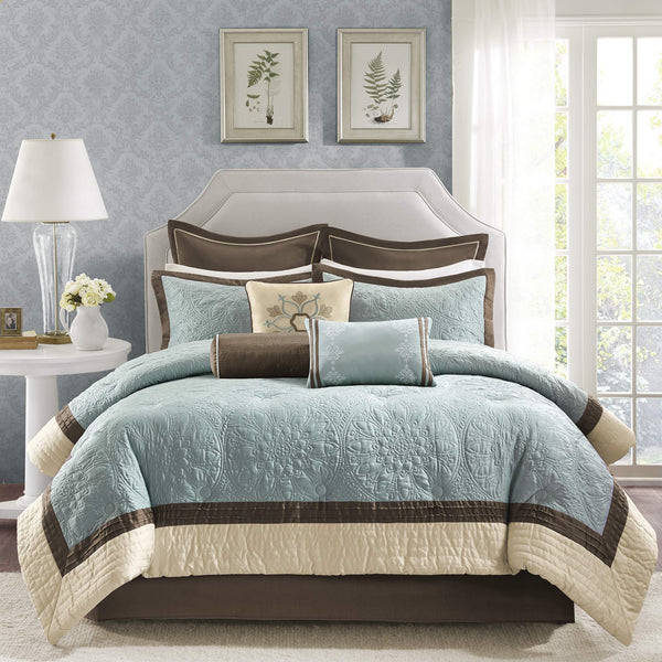 Blue Medallion Quilted Comforter Set with Bed Skirt & Decorative Pillows
