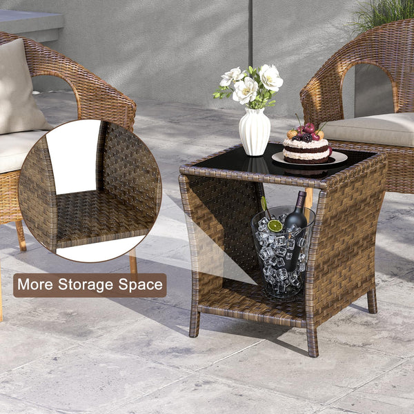 Outdoor Wicker Side Table with Glass Top
