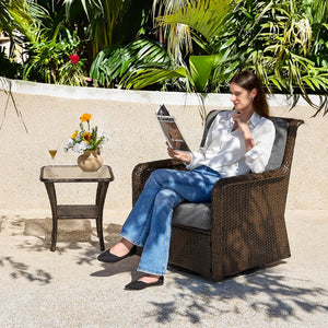 2-Tier Outdoor Wicker Side Table with Tempered Glass Top
