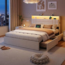 Upholstered Platform Bed Frame with Storage Drawers, LED Lights & Charging Station