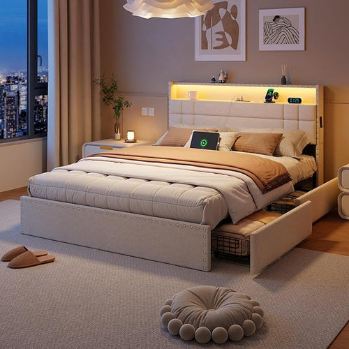 Upholstered Platform Bed Frame with Storage Drawers, LED Lights & Charging Station