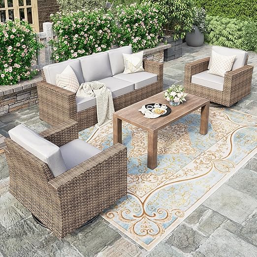 Outdoor Wicker Patio Conversation Set with Swivel Chairs