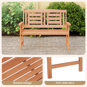 Outdoor 2-Person Wood Patio Bench with Armrests & Inclined Backrest
