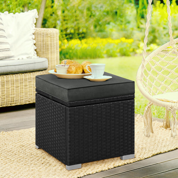 Wicker Patio Ottoman Set of 2 with Storage & Cushion
