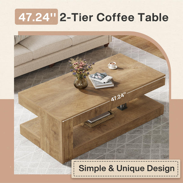 2-Tier Farmhouse Coffee Table, 47" Rectangular Living Room Center Table