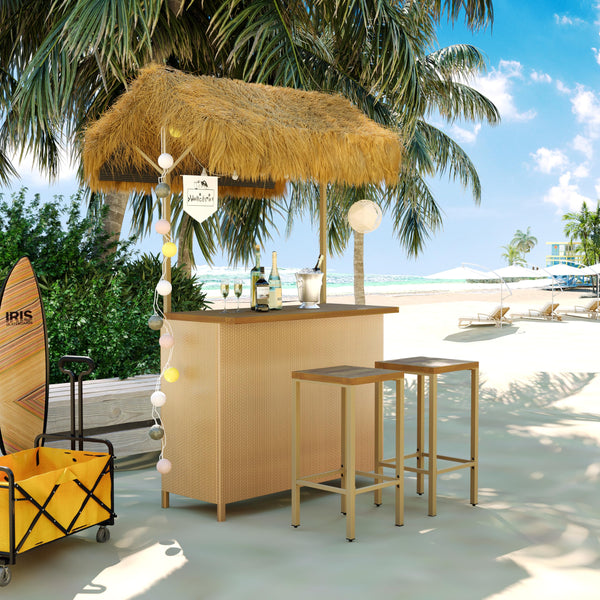Hawaiian Outdoor Bar Table and Stools Set – 3-Piece Patio Bar Set with PE Grass Canopy