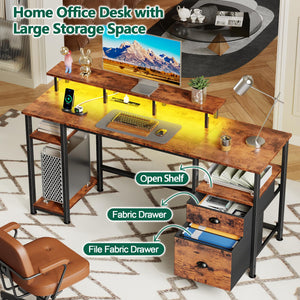 Gaming & Home Office Computer Desk with Power Outlets, LED Lights & Monitor Stand