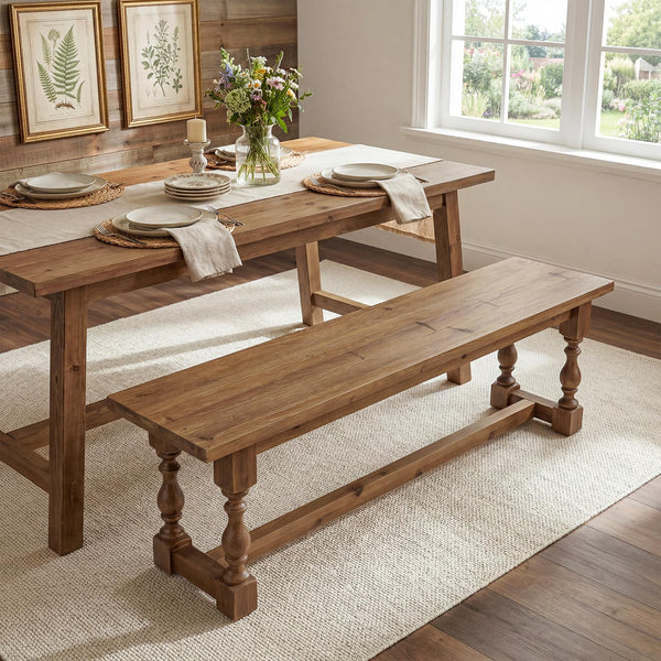 Rustic Solid Wood Entryway Bench – 59.1" Farmhouse Seat with Turned Legs
