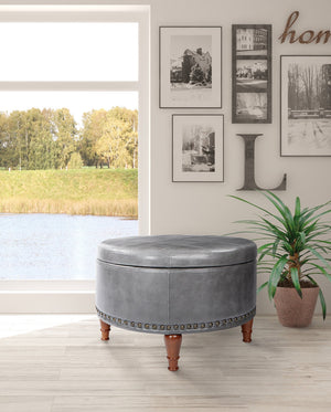 Round Storage Ottoman with Nailhead Trim