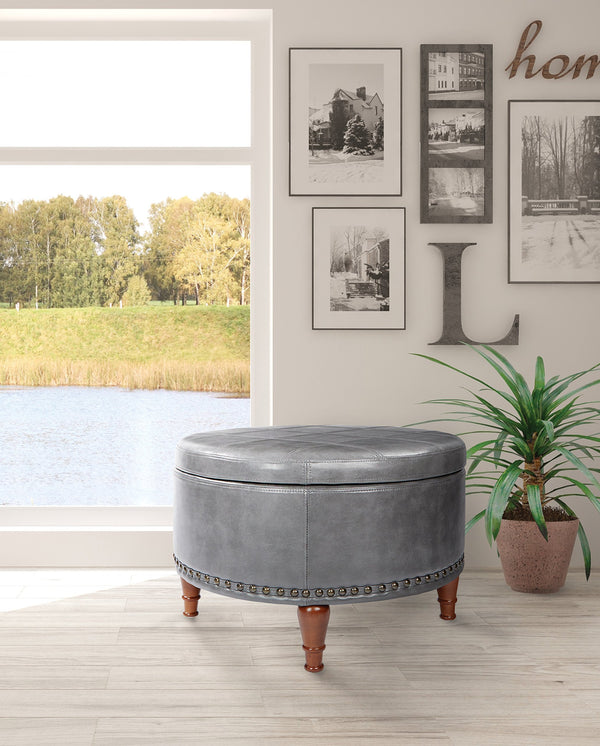 Round Storage Ottoman with Nailhead Trim