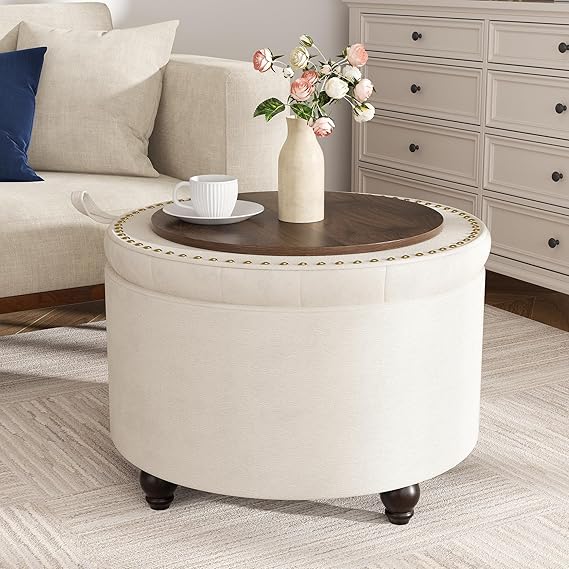 24-Inch Round Tufted Storage Ottoman