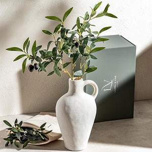 Faux Olive Branch Vase with Textured Ceramic Base