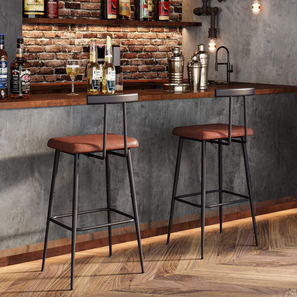 Industrial Bar Stools Set of 2 with PU Leather Cushion & Footrest