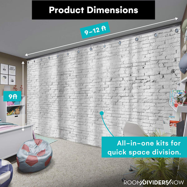 Ceiling Track Room Divider Kit – 9ft Tall, 9–12ft Wide, White Brick