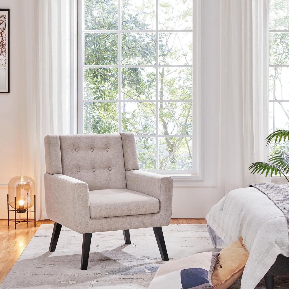 Mid-Century Modern Accent Chair – Button Tufted, Beige Linen