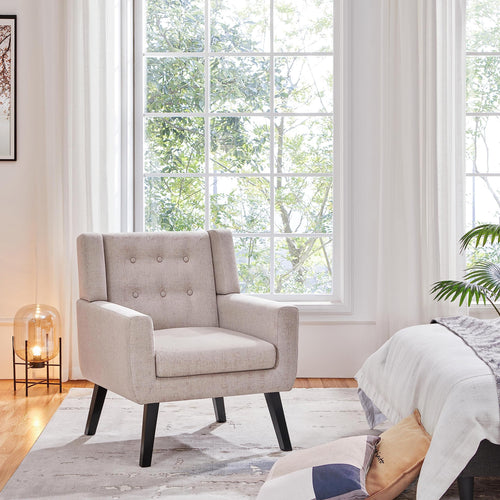 Mid-Century Modern Accent Chair – Button Tufted, Beige Linen
