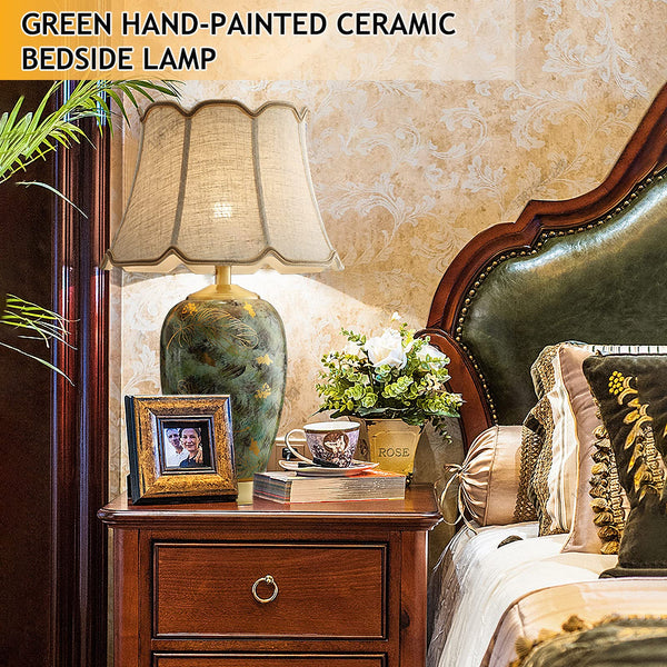 Blue Hand-Painted Ceramic Table Lamp with Fabric Shade