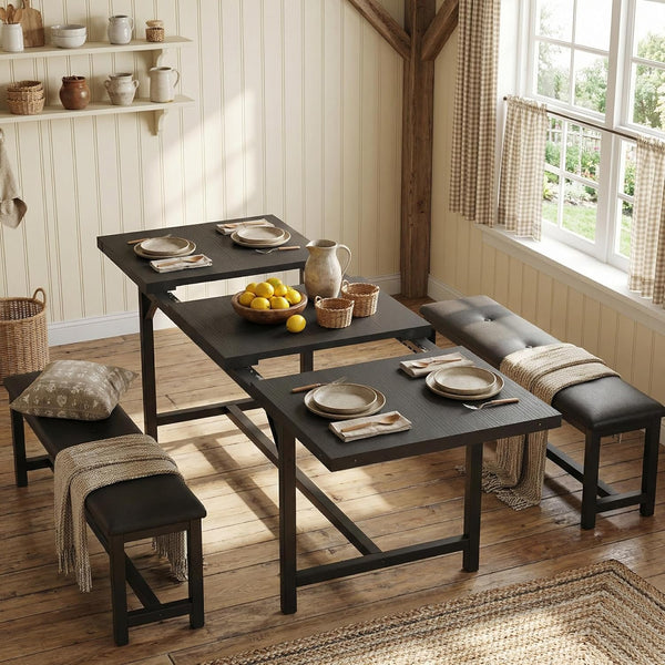 Extendable Dining Table Set with 2 Upholstered Benches