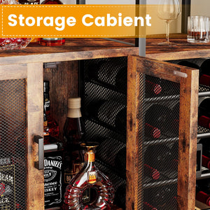 Rustic Industrial Bar Cabinet with Wine Rack and Storage