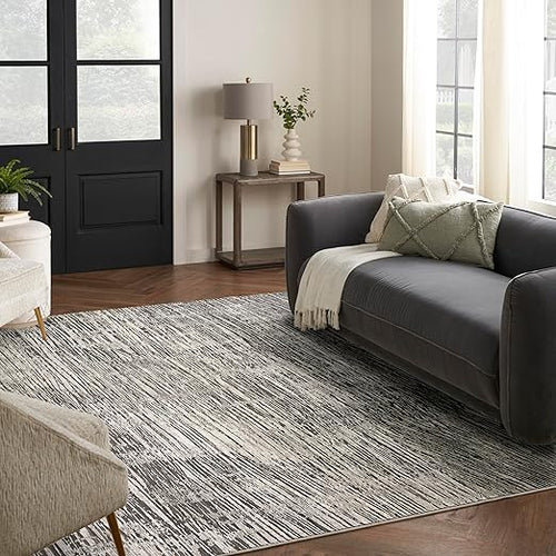 Ivory Grey Abstract Area Rug – Recycled Polyester, Low-Pile, Multi-Size