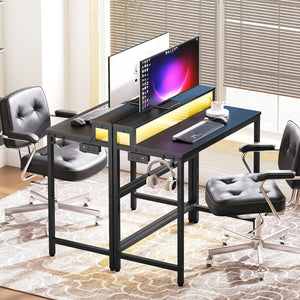 2-Tier Computer Desk with LED Lights & Charging Station