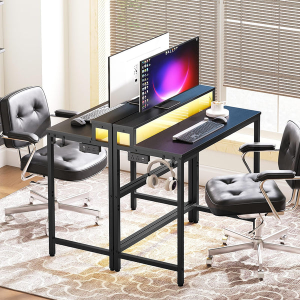 2-Tier Computer Desk with LED Lights & Charging Station