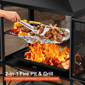Square Chiminea Outdoor Wood Burning Fire Pit with Grill