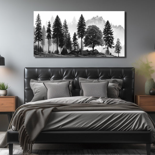 Large Foggy Forest & Mountain Canvas Wall Art