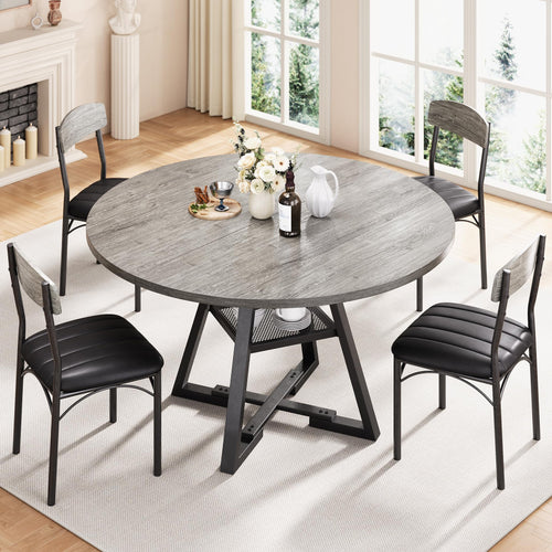 Round Dining Table Set for 4 – 47" 5-Piece with Storage Shelf