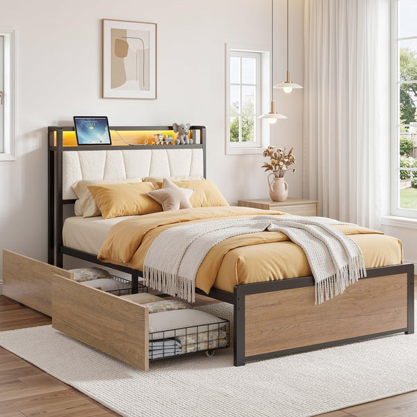 Twin XL Bed Frame with Storage Drawers, Charging Station & LED Lights