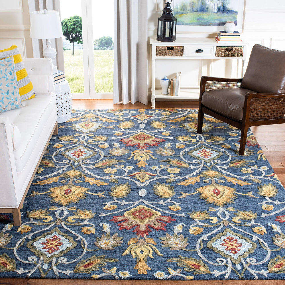Handmade Wool Area Rug 9x12 Modern Floral Navy Multi